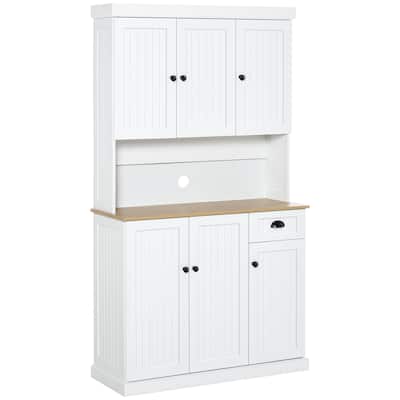 71" Buffet with Hutch, Modern Kitchen Pantry Storage Cabinet with Microwave Oven Countertop, Drawer, and Cupboard, White