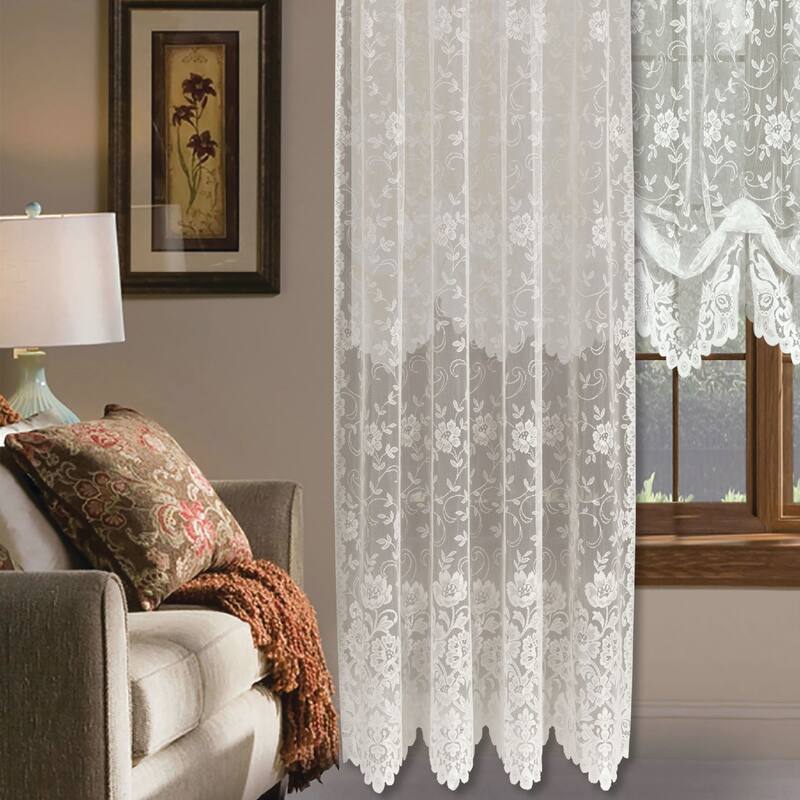 Grace Floral Lace Window Curtain Panels Or Valance - 63 Inches - Cream