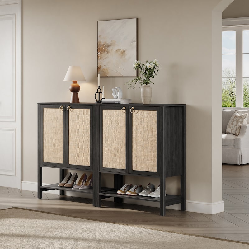 Rattan - Doors Shoes Cabinet with Adjustable Interior