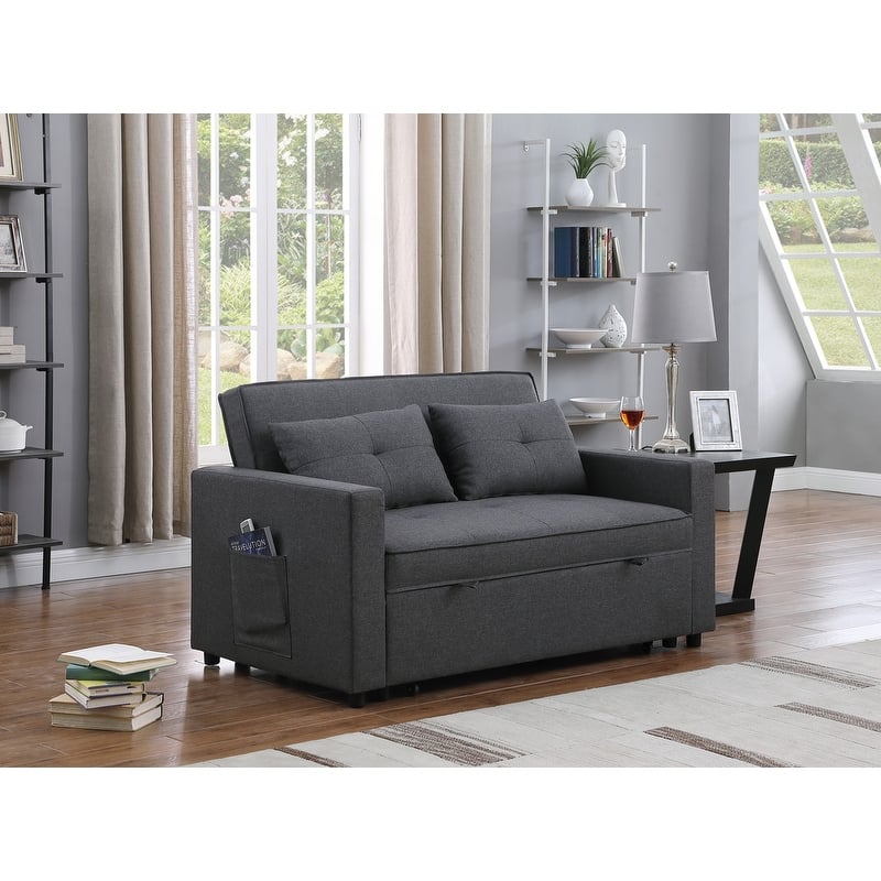56" Dark Gray Linen Convertible Sleeper Loveseat With Side Pocket