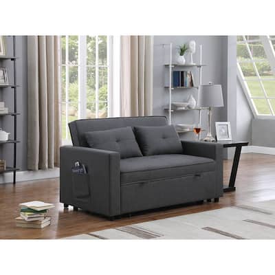56" Dark Gray Linen Convertible Sleeper Loveseat With Side Pocket