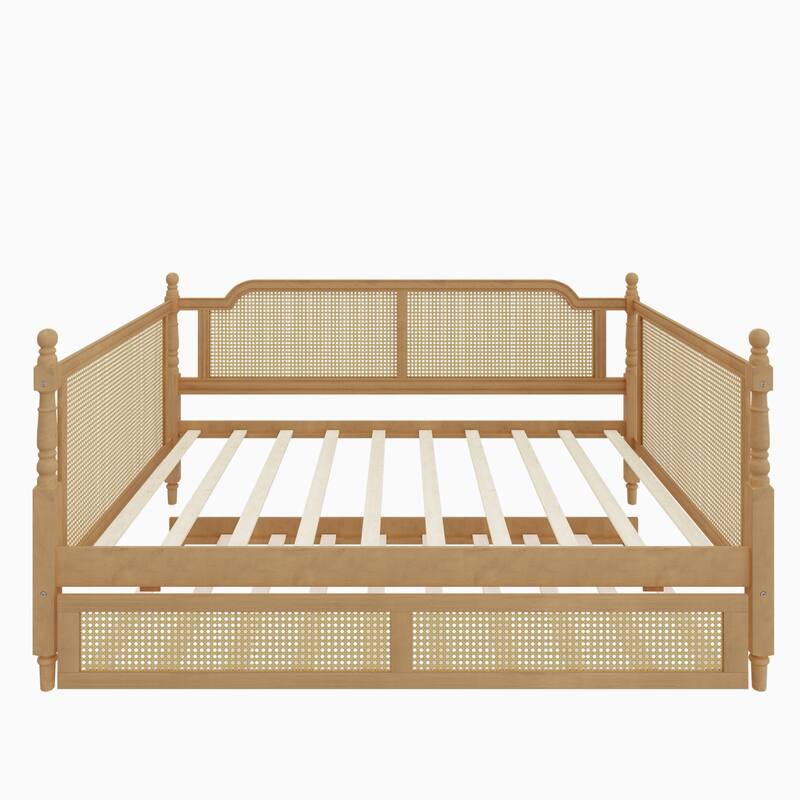 Rattan Frame Daybed with Pull-out Storage Drawers Bookcase Bed - Wooden Sofa Bed with Trundle Bed Platform Bedframe - Open Bed