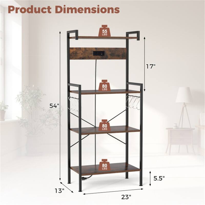 4-Tier Rustic Brown Kitchen Bakers Rack with Built-in Charging Station and Hooks Safety Rails - 23" × 13" × 54" (L x W x H)