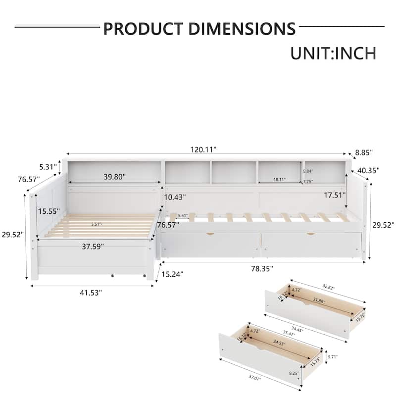 Twin Size L-Shape Daybed with 3 Pull-out Drawers, Wooden Corner Bed Frame with Storage Bookshelf