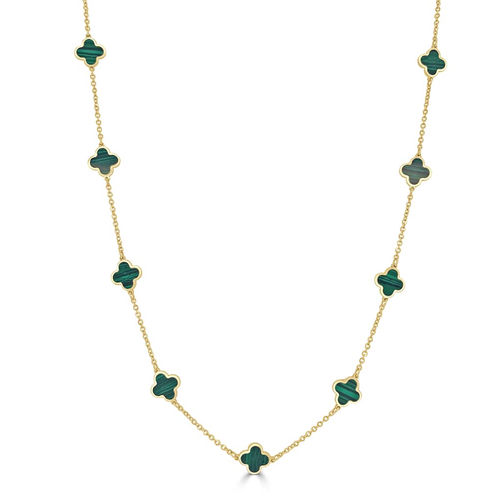 Italian Gold14K Yellow Gold Clover Station Necklace - Made In Italy 7mm Clover 16-18 Inch Chain 2.60 grams