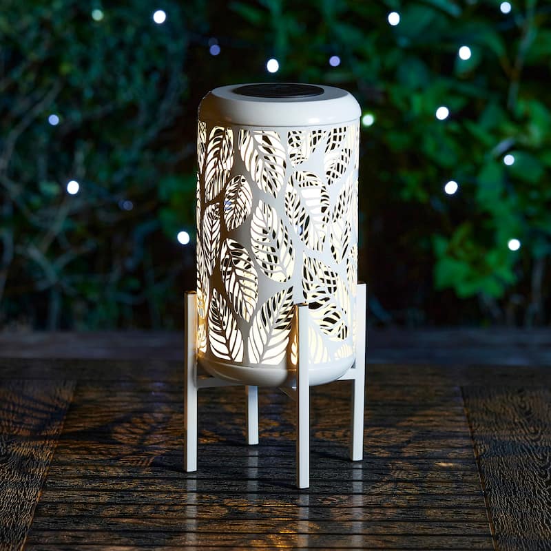 Glitzhome 14"H Outdoor Metal Cutout Flower/Leaves Solar Light Standing Lanterns Waterproof - 1PC White Leaves