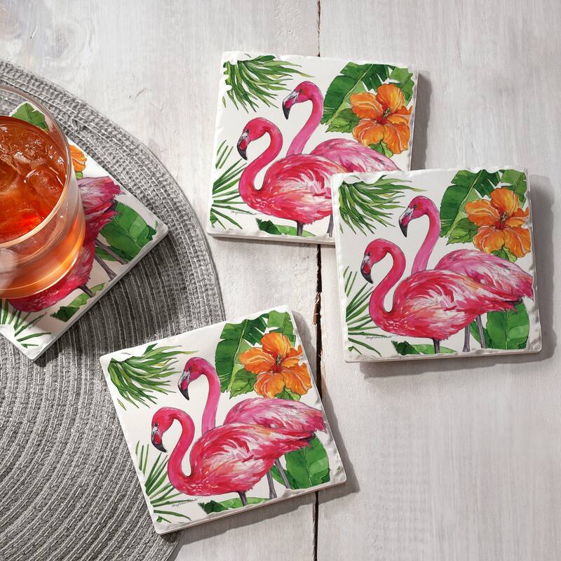 Counterart Absorbent Stone Coasters - Flamingo Tropical - Set of 4 - 4x4x1.222