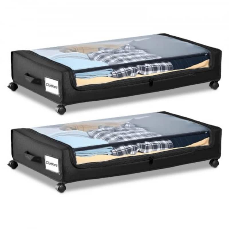 2 Pack Under Bed Storage Fabric Rolling Container with Casters and Clear Top Side Label Slots - 30.3 x 18.5 x 6.8 inch