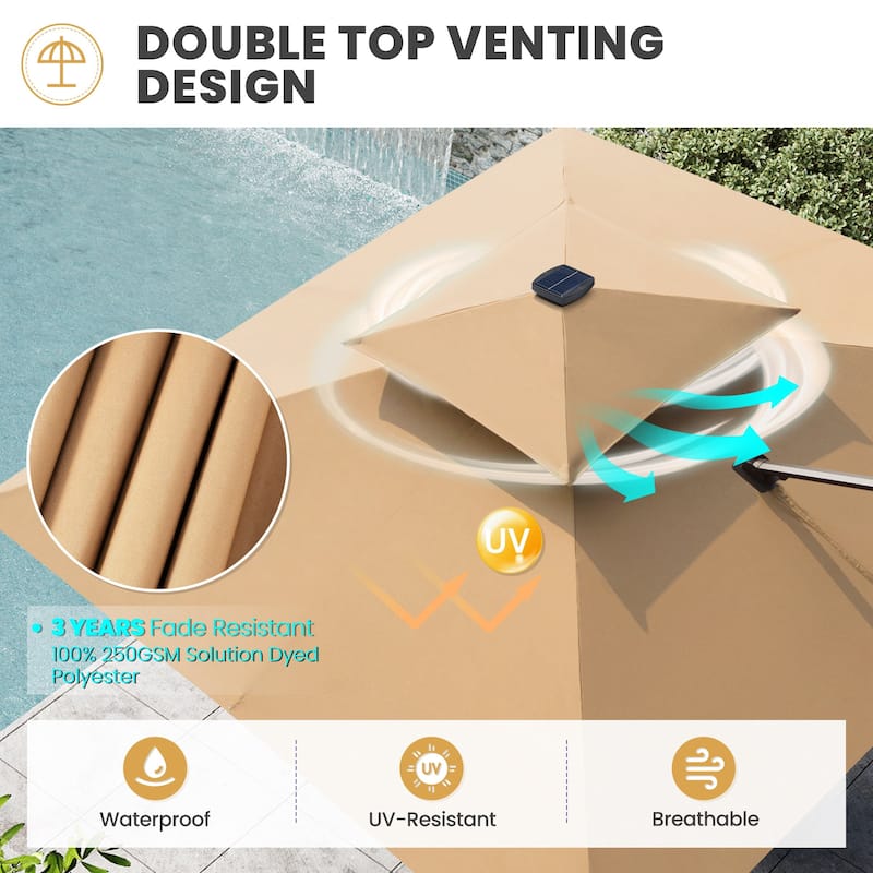 Outdoor Solar Powered LED Double Top Patio Cantilever Umbrella with Base Stand