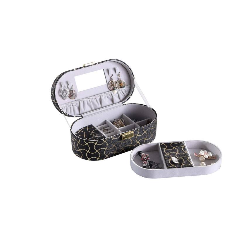 9.5" Long Leather Jewelry Organizer Case with Mirror, Gold Swirl Pattern, Black