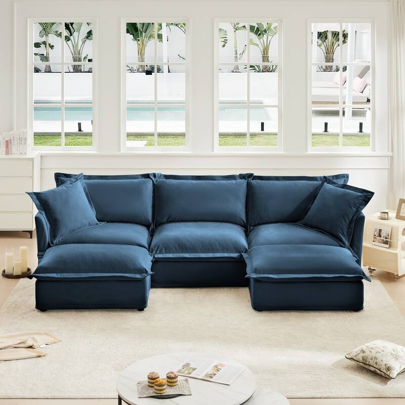 Modern 3 Seater Upholstered Sofa with 2 Ottomans and 2 Pillows