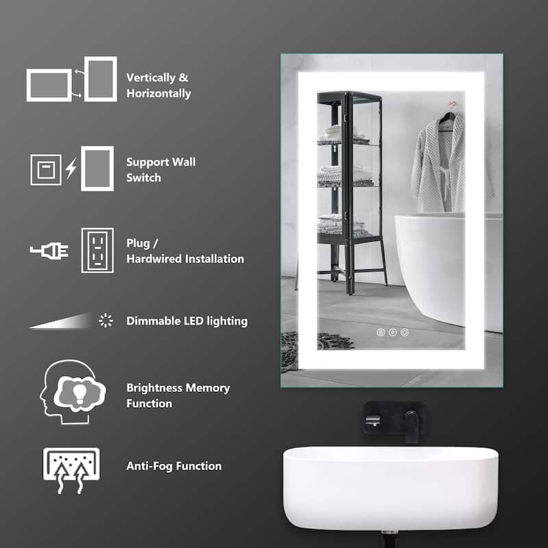 LED Bathroom Vanity Mirror Wall Mounted Dimmable Anti-Fog Mirror with 3 Buttons Vertical & Horizontal Hang