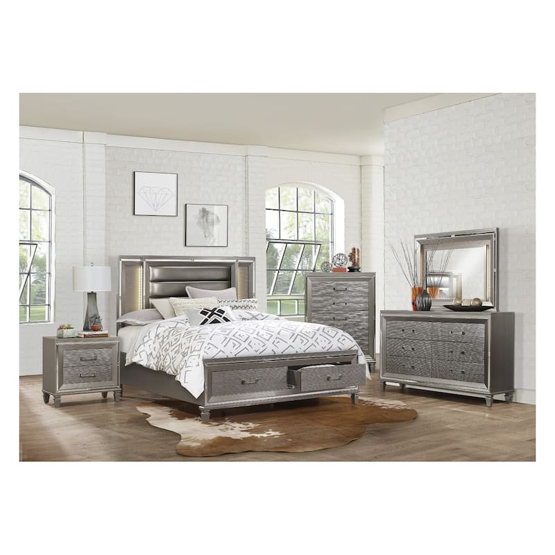 Rosalinda 4 Piece Gray Modern Faux Leather Upholstered LED Storage Platform Bedroom Set