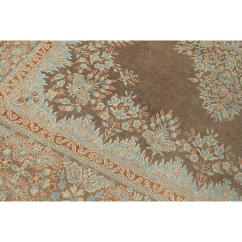 Hand Knotted Oriental 100% Wool Carpet Traditional Floral Brown Kerman Area Rug - 12' 10'' X 9' 9''