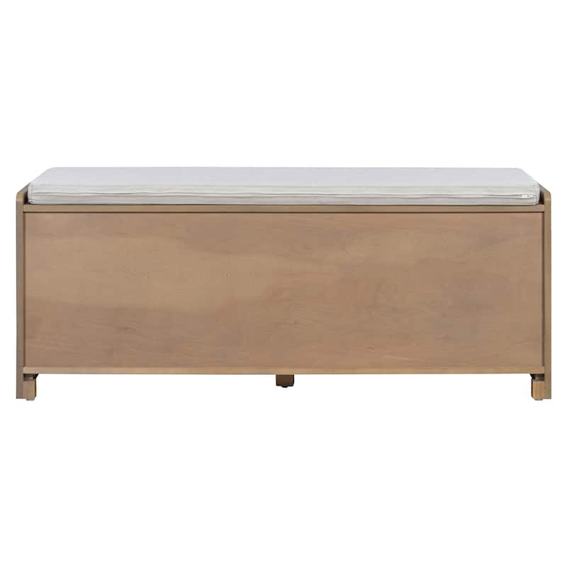 Rustic Storage Bench Multifunctional Wood Entryway Shoe Bench with Removable Cushion, Woven Rattan Doors & Adjustable Shelves