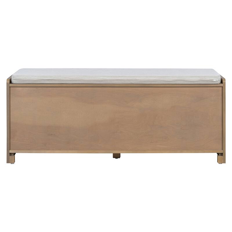 Rustic Storage Bench with Removable Cushion, Rattan Doors & Adjustable Shelf