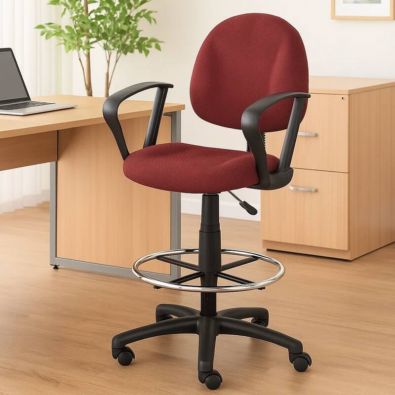 Jea Drafting Stool Chair, Loop Arms, Burgundy Red Tweed, Round Footring