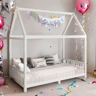 Wood Twin Size House Bed with Guardrail and LED Light, White