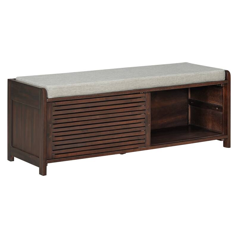 Entryway Bench Storage Shoe Bench w/ Cushion & Sliding Door, Shoe Cabinet Organizer for Living Room, 15.4" W x 43.3" D x 16.5" H