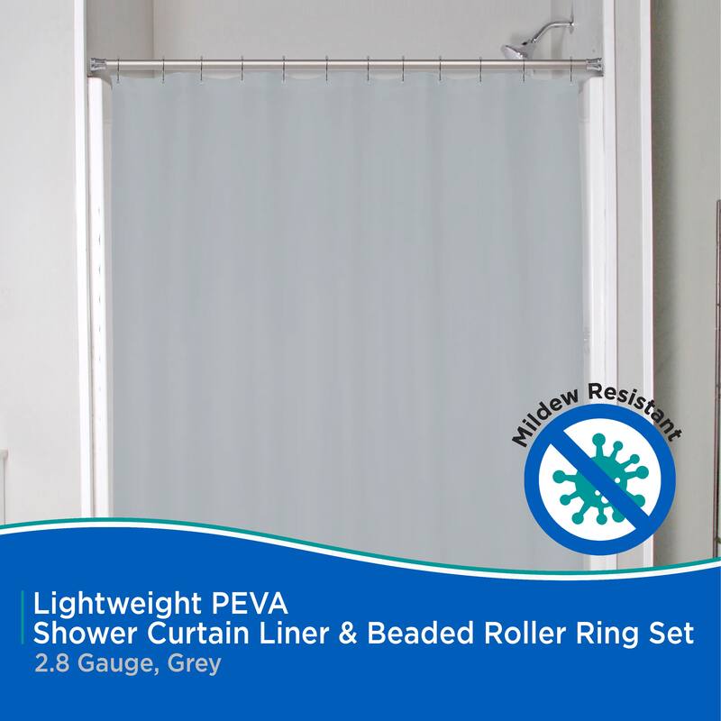 Kenney Lightweight PEVA Shower Curtain Liner and Beaded Roller Ring Set, 70" W x 72" H