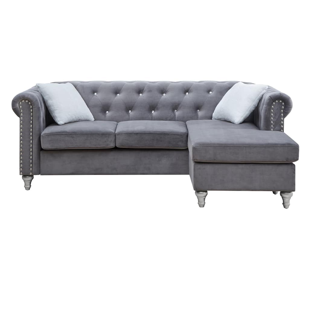 Tufted Faux Jewel Velvet 3-Seater Sofa with Throw Pillows - 82" - Gray