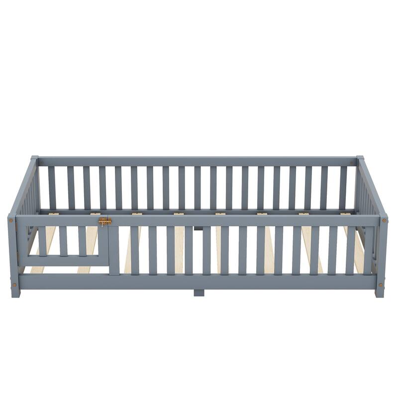 Gray Twin Size Pine Wood Floor Bed with Safety Guardrails and Door