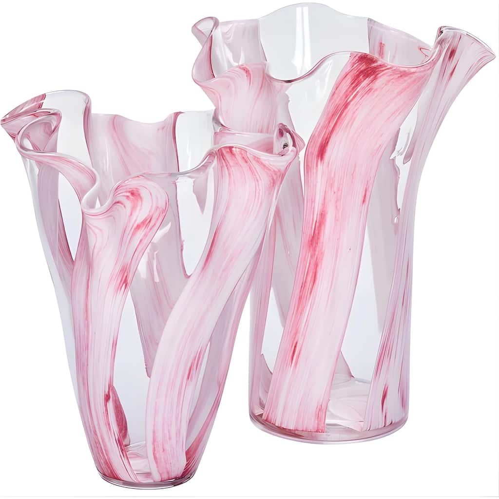 Pink Striped Handblown Glass Set of Two Scalloped Edge Vases