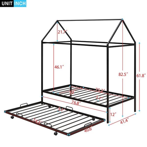 Black Metal House Bed with Trundle for Kids