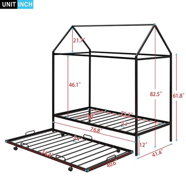 Twin Metal Kids Bed Playhouse Bedframe w/Trundle, Metal Platform Bed
