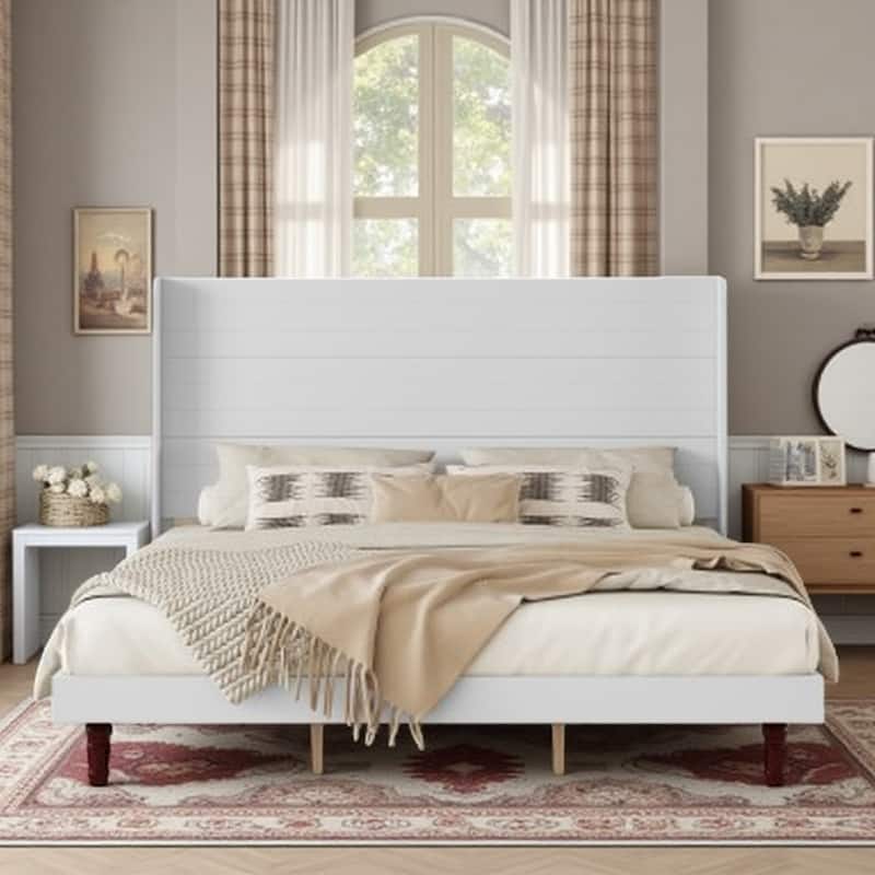 King Size Bed with 54-Inch High Headboard, Durable MDF & Pine Frame, Ideal for Reading or Relaxing - King White - King