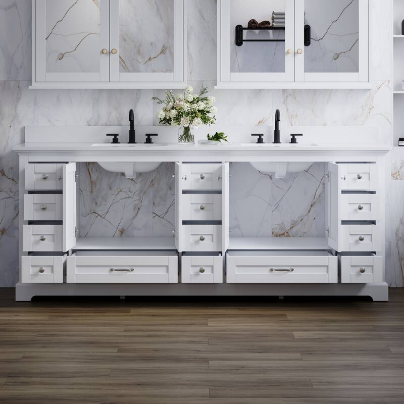 84''W Solid Wood Frame Bathroom Vanity With Pure White Culutered Marble Countertop And Double Sink