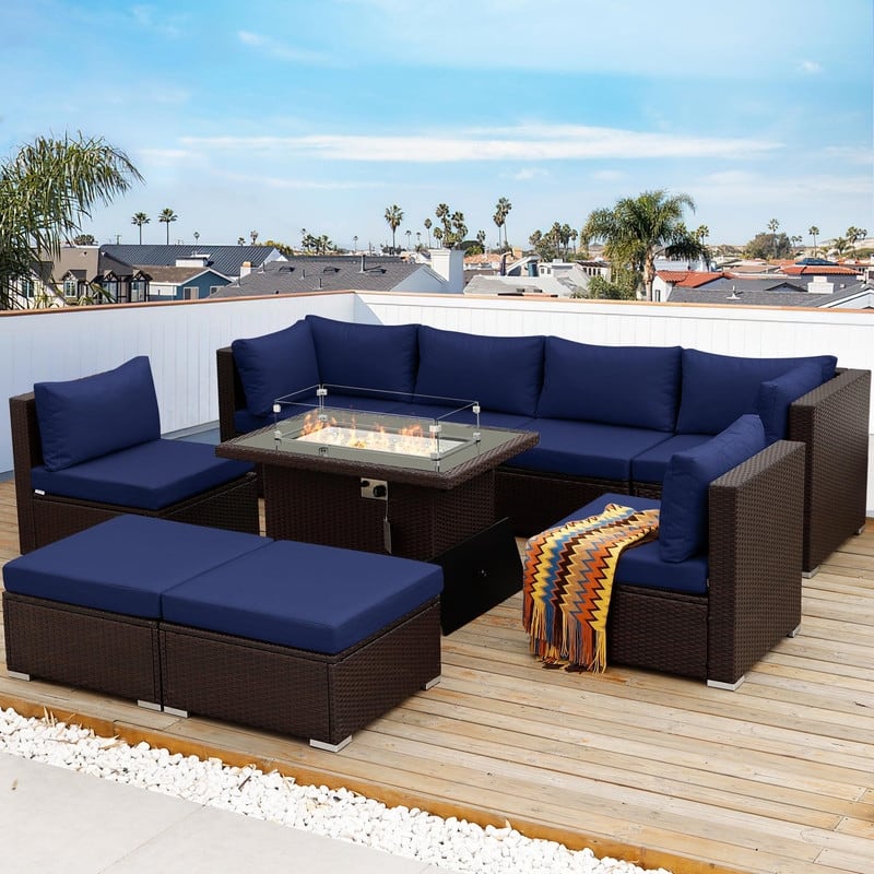 FINCATI Outdoor Wicker Patio Furniture Conversation Sectional Sofa Set - 9 PCS-B - Navy Blue