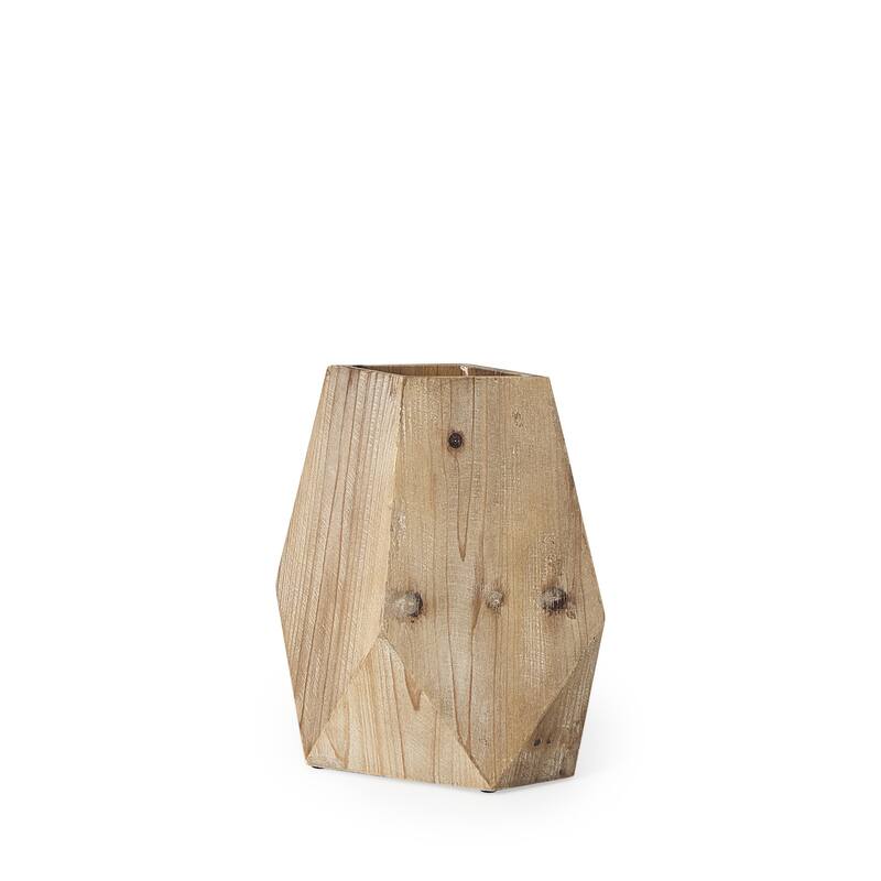 Natural Solid Wood Cylinder Vase with Geometric Pattern Table Decor Indoor Use - 11"