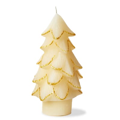 Gilded Pine Tree Candle Ivory 4x4x7.5 Inch Sculpted Novelty Candle for Christmas Home Decor