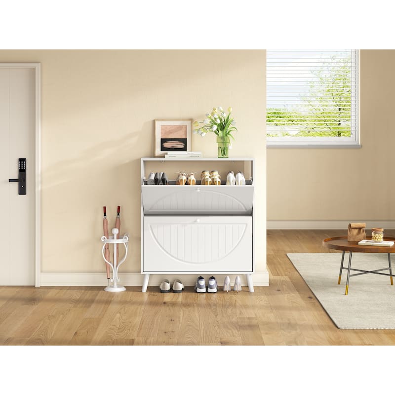 Tipping Bucket Shoe Cabinet, Freestanding Slim Narrow Shoe Rack, Shoe Storage Cabinet with Carved Doors & Solid Wood Legs