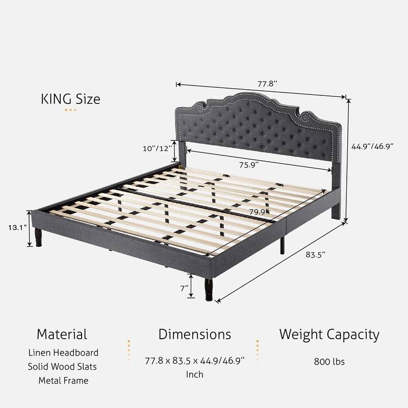 King Bed Frame with Diamond Button Adjustable Headboard, Light Grey