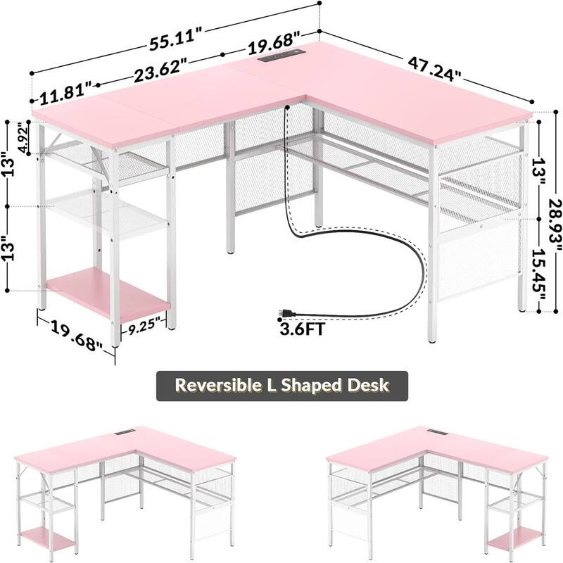 L Shaped Desk with USB Charging Port and Power Outlet