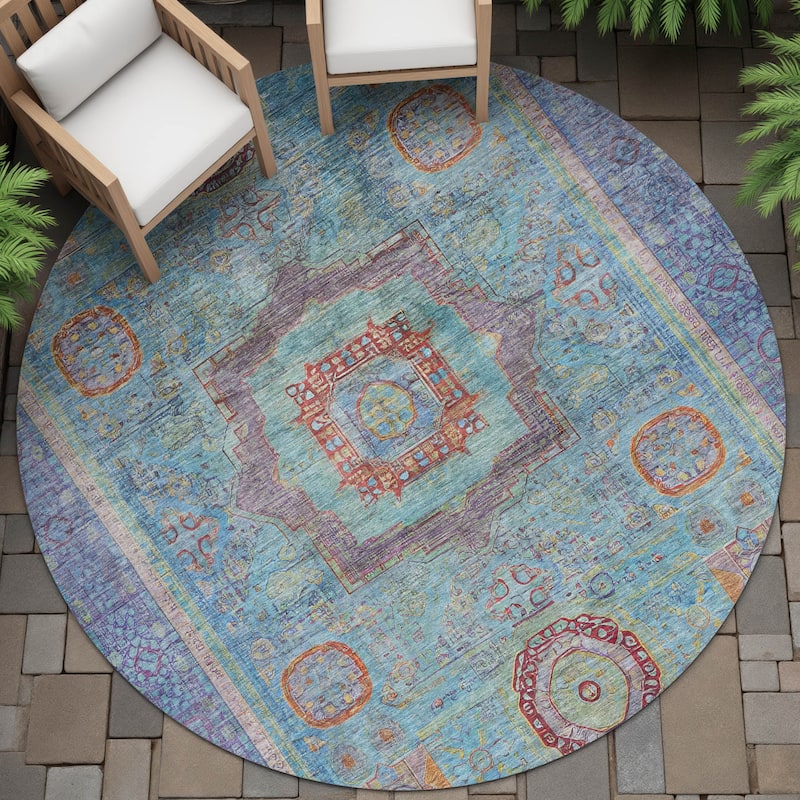 Machine Washable Indoor/Outdoor Traditional Chantille Rug - Teal - 8' x 8'