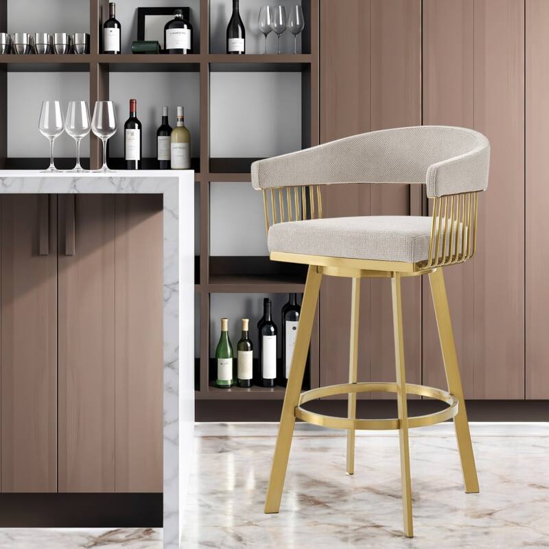 HomeRoots 30" Taupe and Gold Fabric and Stainless Steel Low Back Bar Height Swivel Bar Chair - Bar Height - Single - Gray