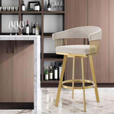 HomeRoots 30" Taupe and Gold Fabric and Stainless Steel Low Back Bar Height Swivel Bar Chair