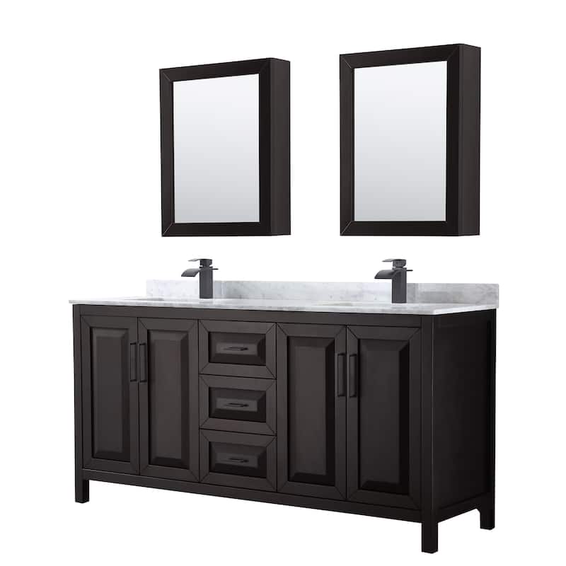 Daria 72-inch Double Vanity, Marble Top, Medicine Cabinets - Dark Espresso, Black Trim,White Carrara Marble Top