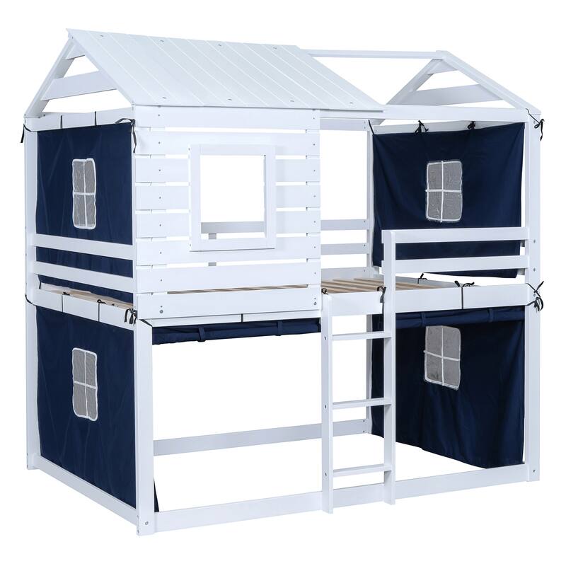 Full Size Solid Wood House Bunk Bed with Tent, Ladder and Fence for Kids, Bedroom