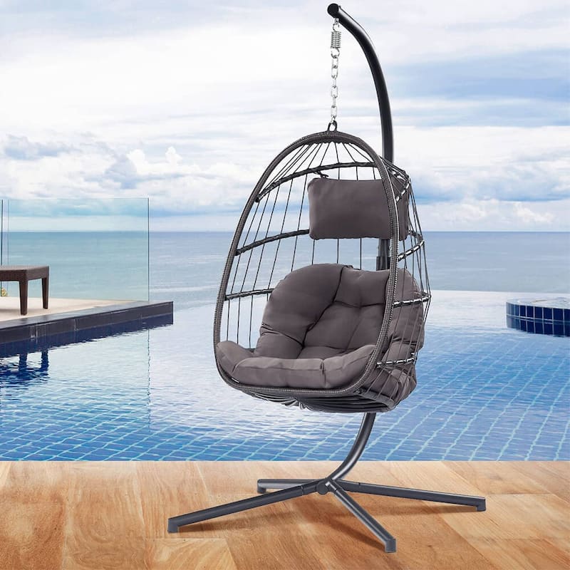 Egg Chair with Stand,Patio Rattan Wicker Hanging Swing,Indoor Outdoor - Egg Chair with Stand - Dark GreyCushion
