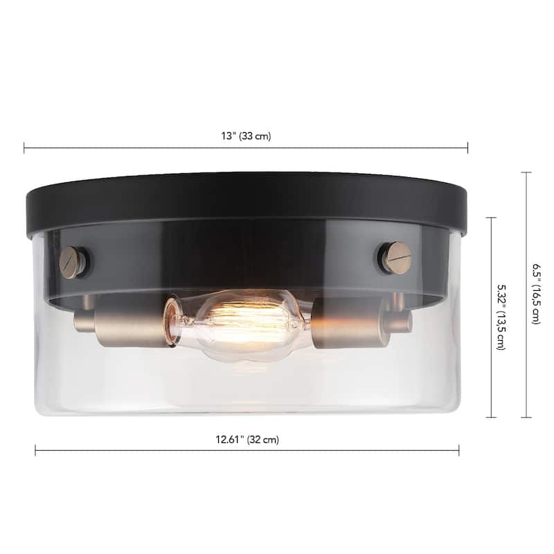 Tayce 2-Light Matte Black Flush Mount Ceiling Light with Matte Brass Accents and Clear Glass Shade - one size