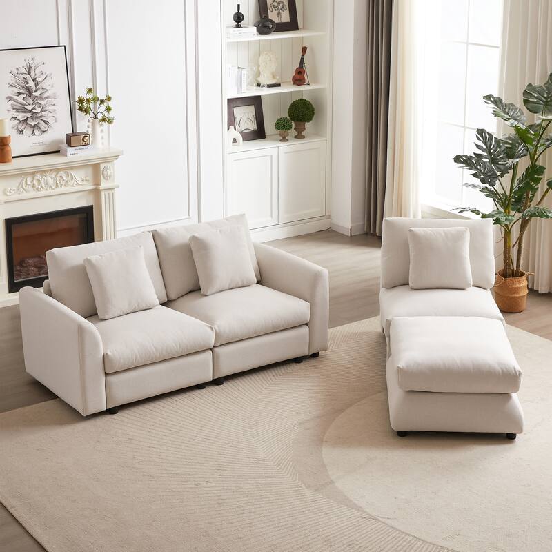 Modern Modular L-Shaped Sectional Sofa with Ottoman, 3 Cushions and 3 Pillows for Living Room
