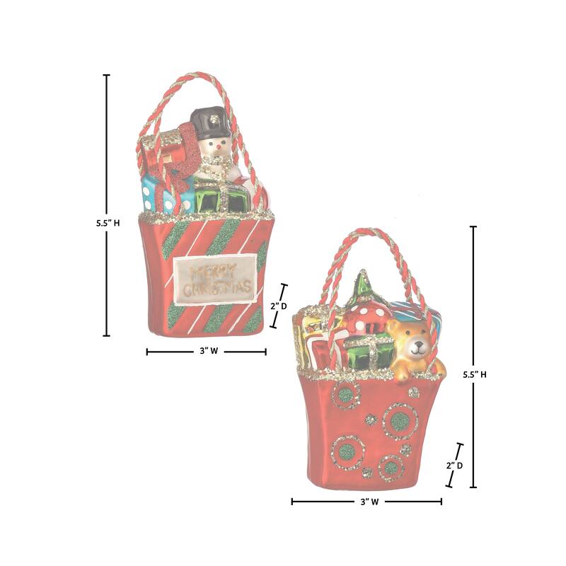 5.5" Glass Holiday Gift Bag Ornament Set of 2