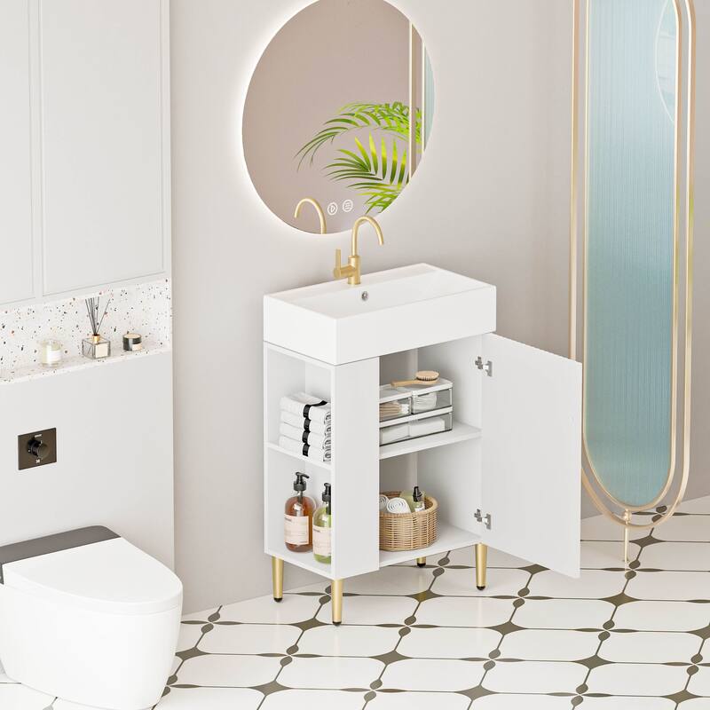 21.6" Open-Shelving Bathroom Vanity with Ceramic Sink and Cabinet
