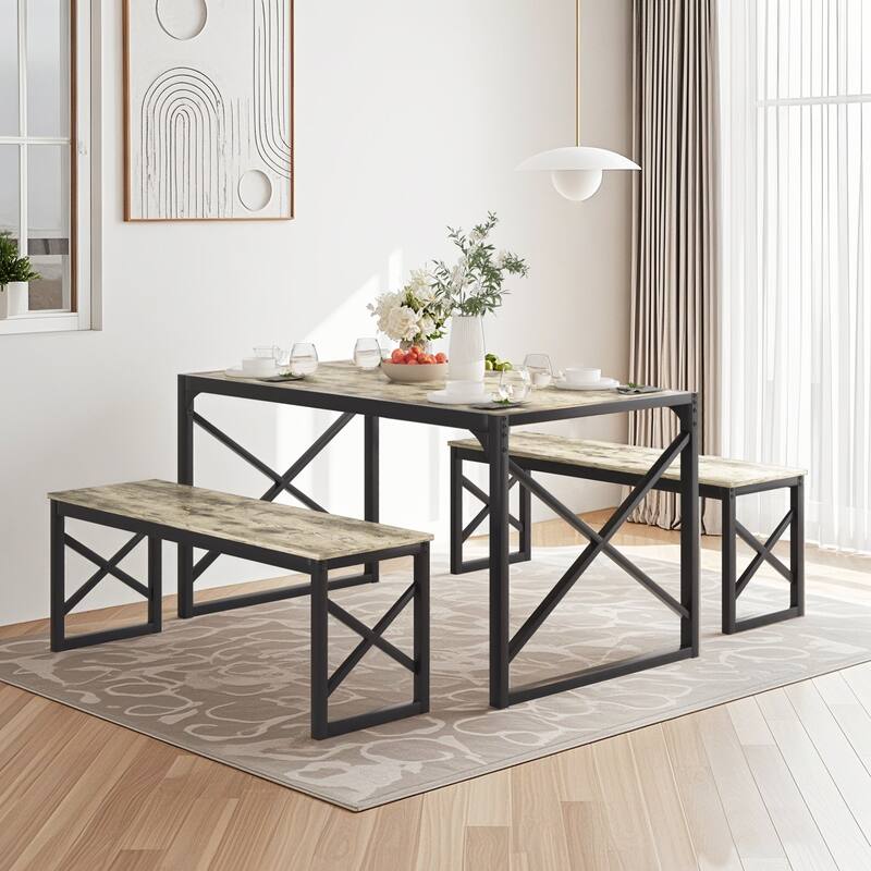 VECELO 3-pieces Dining Table with Bench, Dinning Room Table Set for 4-6, Kitchen Table with 2 Benches Dining Table Set