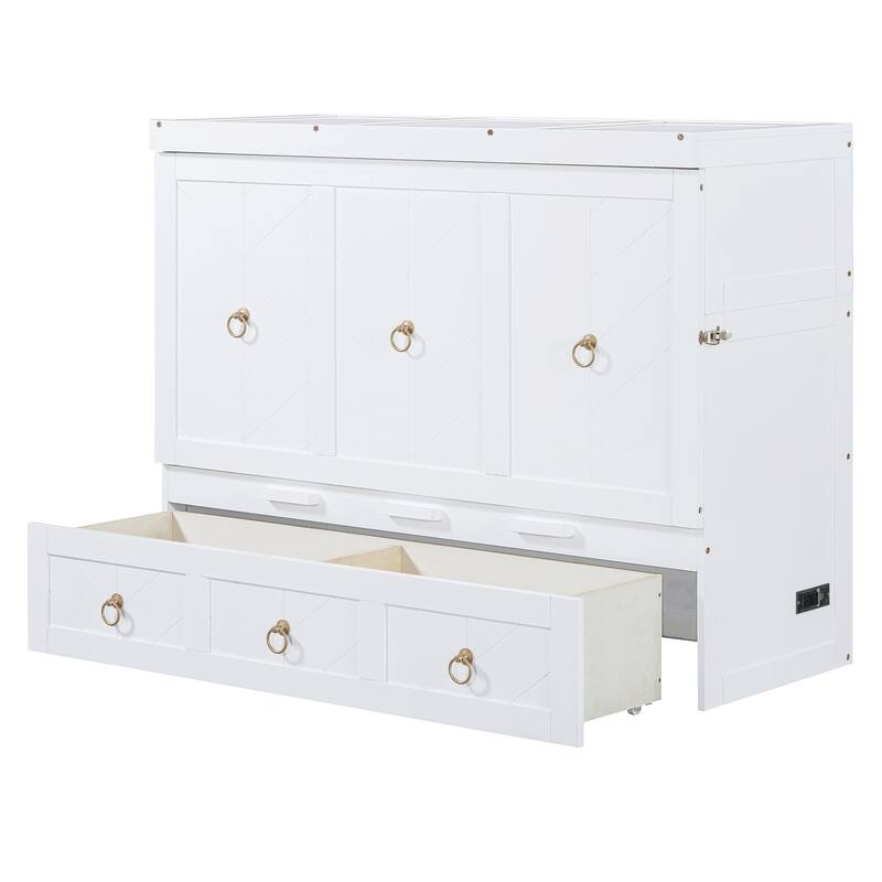 Full Size Space-Saving Design Murphy Bed with USB Port and Large Drawer for Bedroom