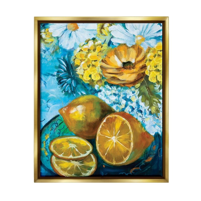 Stupell Lemons & Flowers Painting Framed Floater Canvas Wall Art Design by Linda McClure - 25 x 31 - Gold
